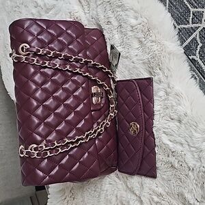Badgley Mischka Quilted Shoulder Bag and Wallet Plum